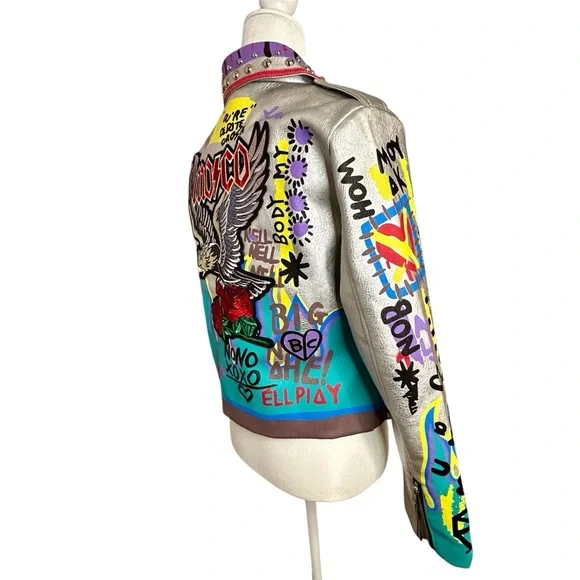 Robert Phillipe Graffiti Print Faux Leather Cropped Motorcycle Jacket Size M Stu - Picture 7 of 15